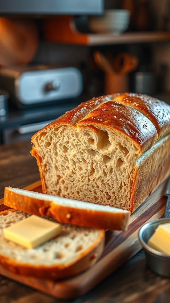 Homemade Bread with Evaporated Milk Recipe A golden crusted homemade bread loaf sliced on a cutting board with butter.